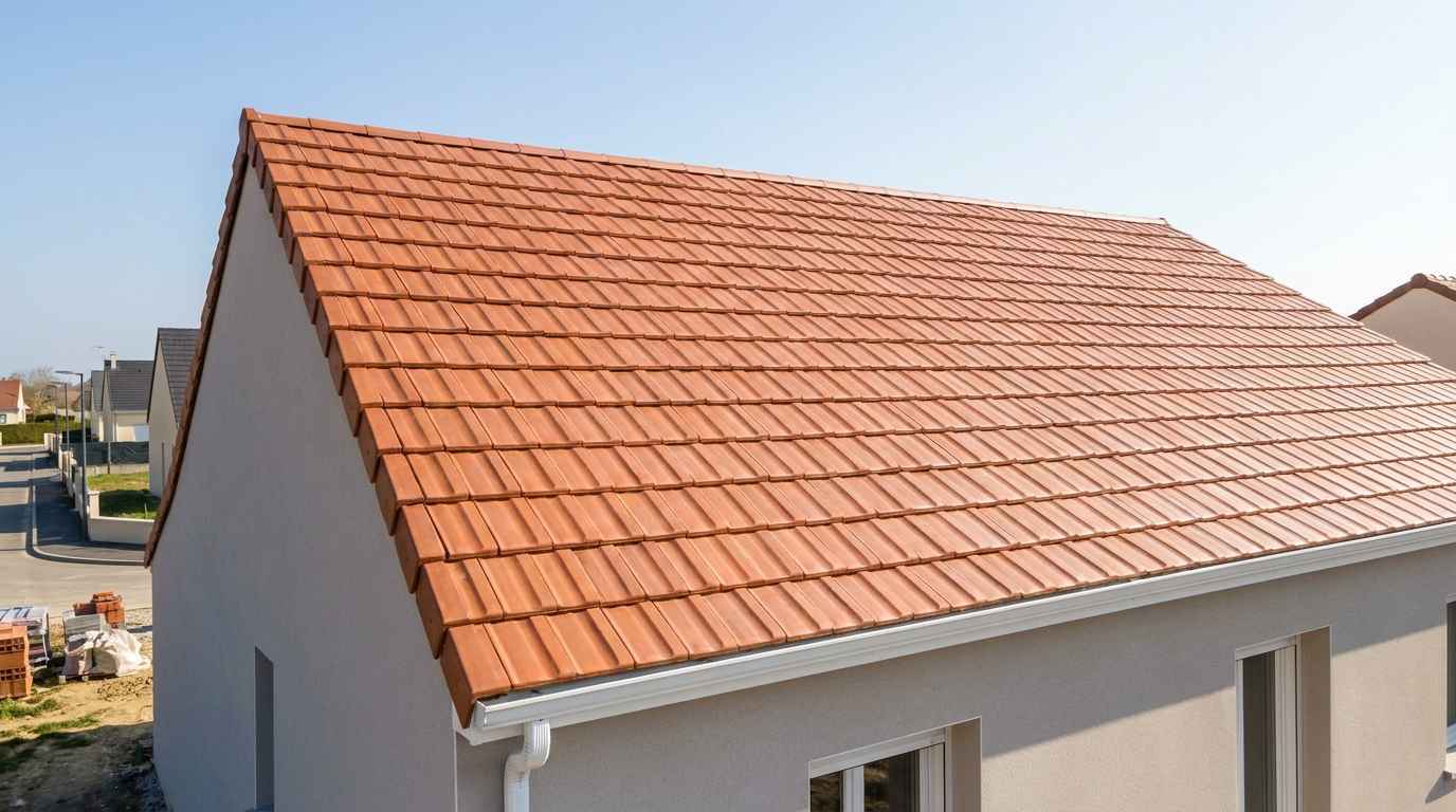 Toiture en tuiles neuve lors de la construction d une maison individuelle