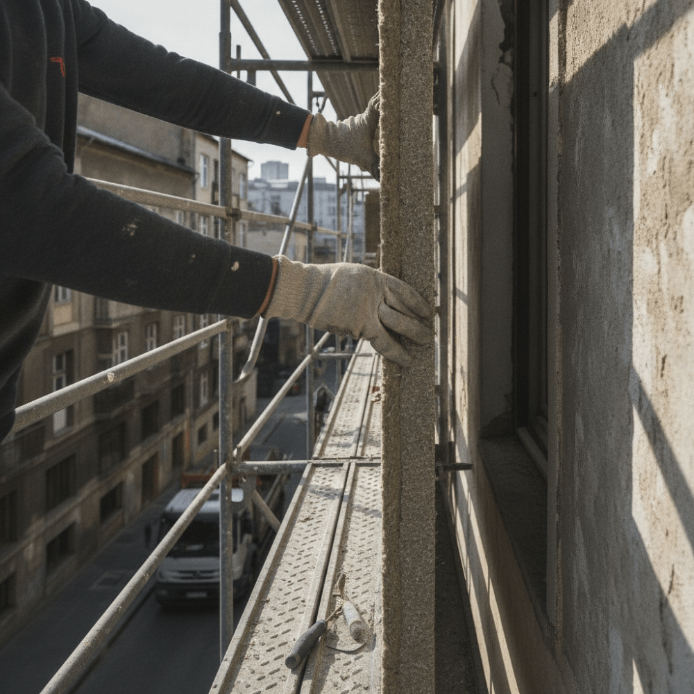 Artisan posant un isolant thermique par l'extérieur sur une façade en zone urbaine dense avec échafaudage