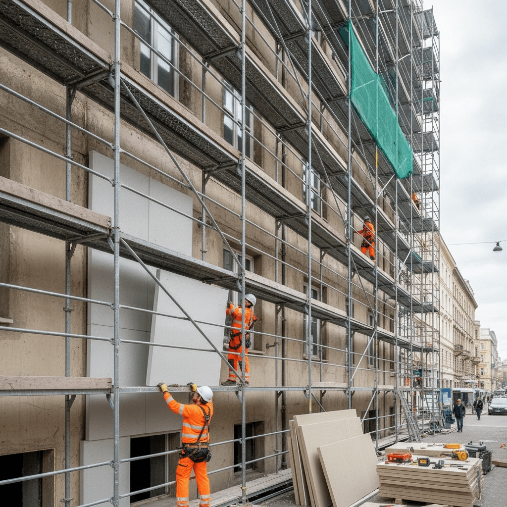 Isolation par l'extérieur d'un immeuble urbain sous échafaudage, rénovation énergétique